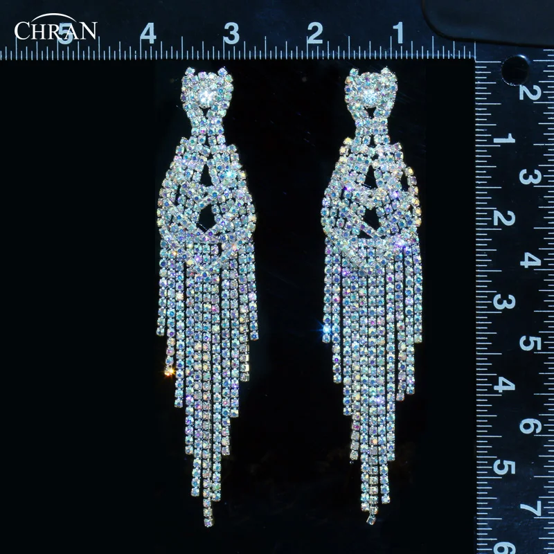 CHRAN Silver Rhinestone Long Tassel Earrings Elegant Crystal Eardrop Festival Wedding Jewelry for Women