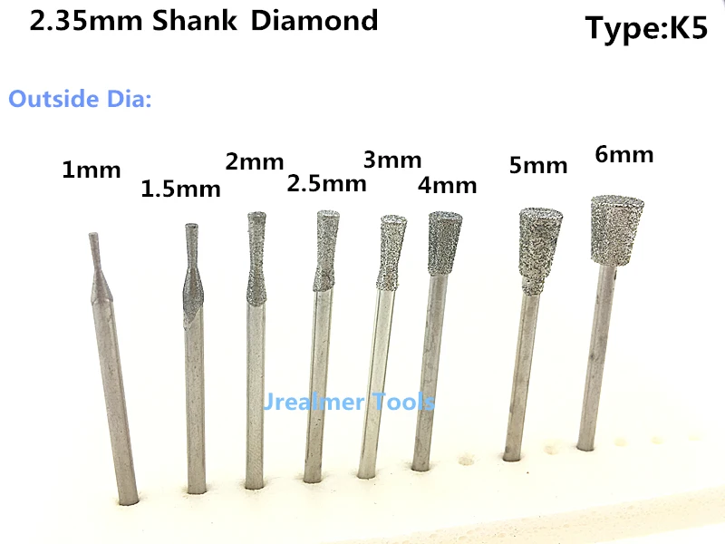 Jrealmer 10pcs 2.35mm shank K5 Type Diamond Burrs bits Dremel Burr Rotary Tool Dental Engraving Etching Abrasive tool