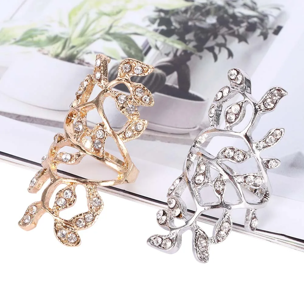 Fashion Bohemian Crystal Rings for Women Chic Design Gold Silver Plated Crystal Long Branch Leaves Knuckle Ring