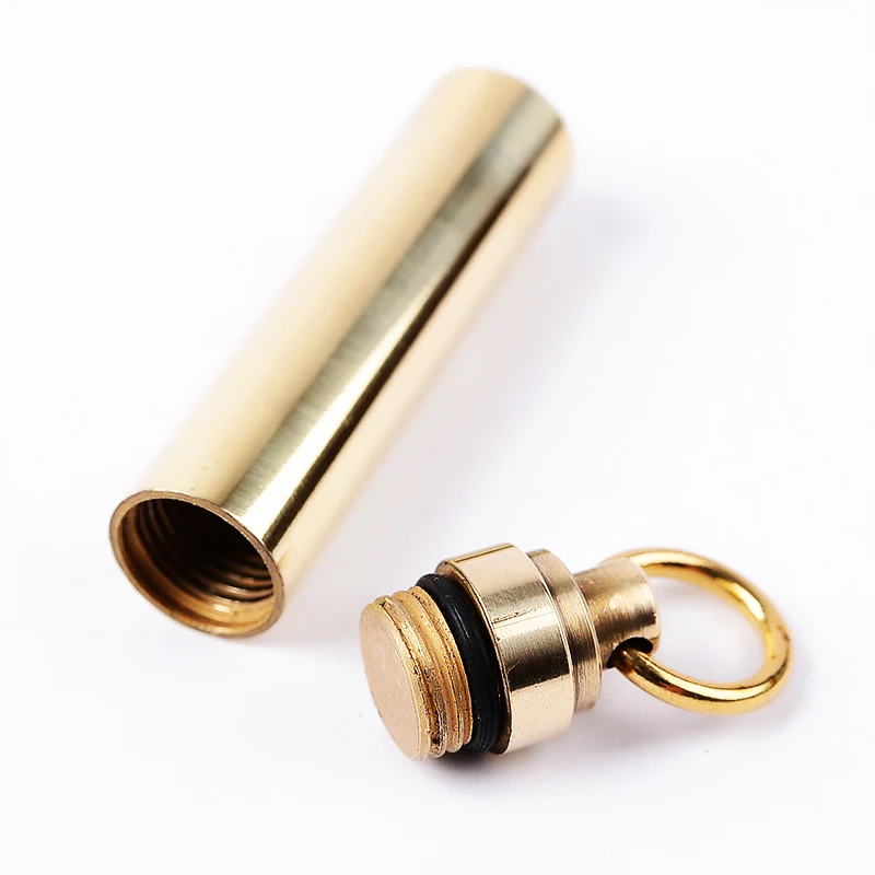 1 PC Solid Brass Waterproof Pill Capsule Fob Holder Case With Key Ring Small Medicine Container Seal Box Portable EDC Keychain