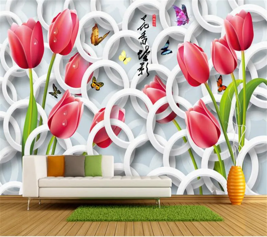 Beibehang wallpaper for living room Floral Tulip Butterfly 3D stereoscopic Circle Background Wall Decorative 3d wallpaper mural