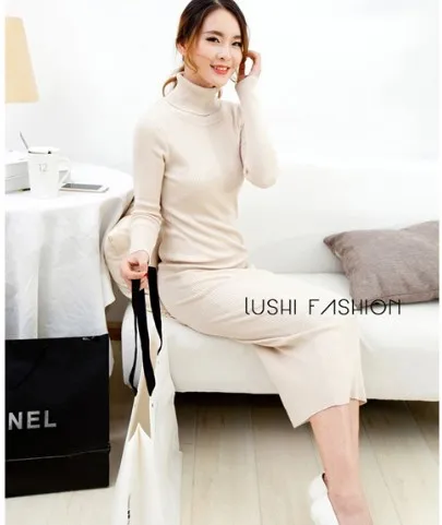 Hot sale new autumn and winter sexy long dress soft feminine with long collar cashmere sweater female turtleneck knitted pullove