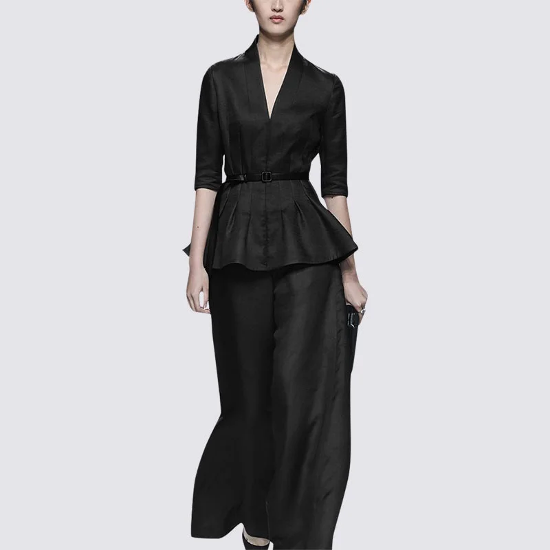 2019 Spring women Fashion Two Piece Set Top and Pants European Half Sleeve V Neck Slim Shirt  & Full Length Pant Trousers Suit