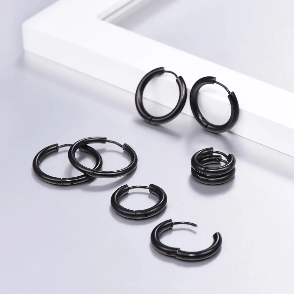 U7 Simple Round Hoop Earrings For Women 4 Pairs/Set 10/14/16/20 mm Stainless Steel Gold/Black Color Minimalist Jewelry E1006