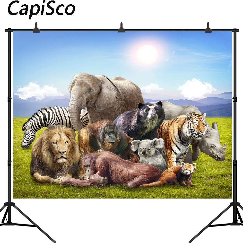 

Capisco Jungle Safari Lion Elephant Animals Grassland Baby Learning Party Poster Photo Backdrops Photographic Background Studio