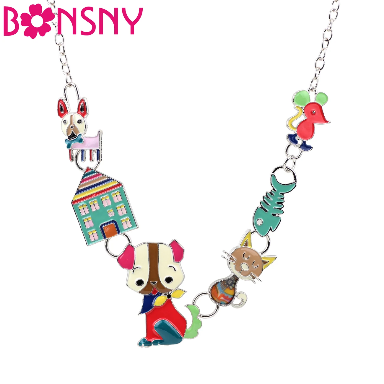 

Bonsny Enamel Dog Cat Fish Mouse House Choker Necklace Pendant Chain Collar Fashion Animal Jewelry For Women Girls Gift Original