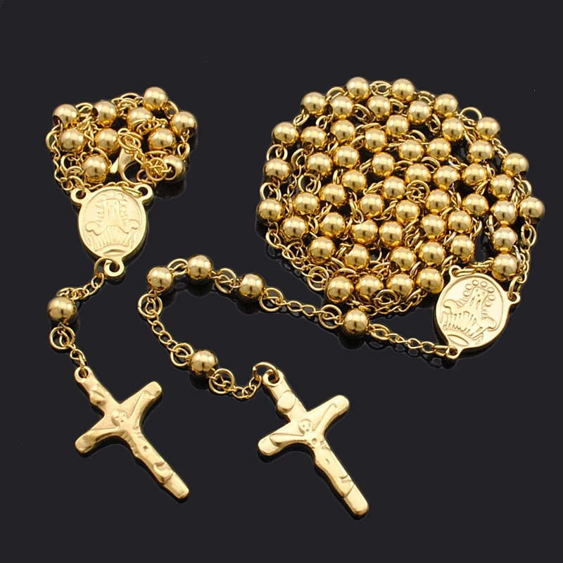 ATGO Men Rosary Jewelry Set Beads Cross Religious Cross Necklace Bracelet Sets 8MM Gold Color BBD034