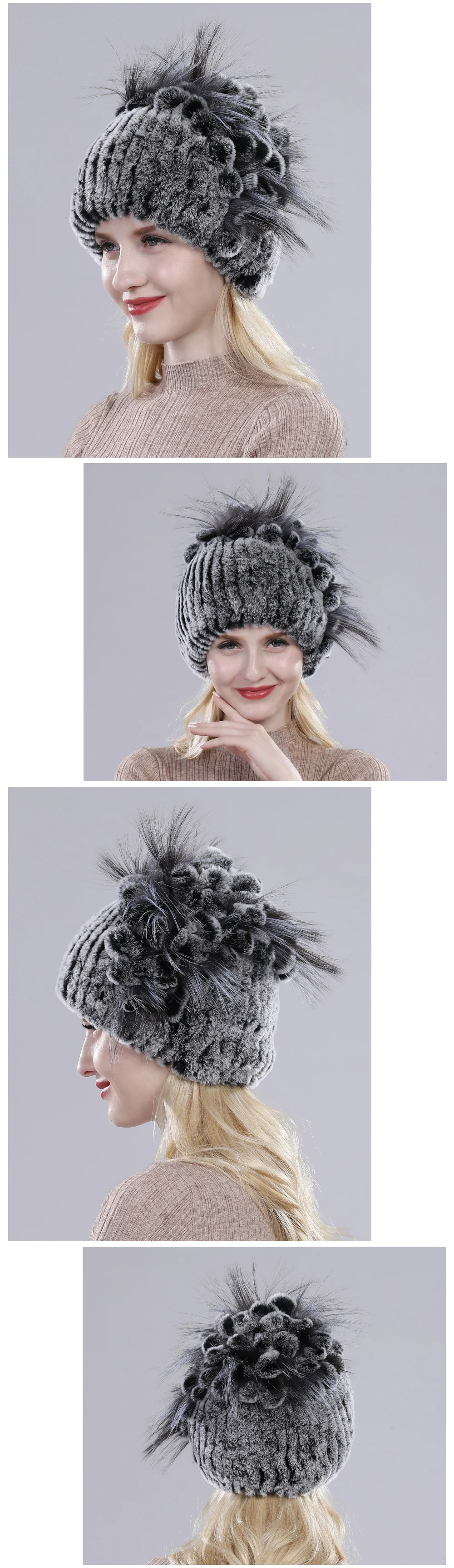 Neue Russische Damen Echt Rex-Kaninchenfell Mützen Luxuriöse Gestrickte Blumen Echte Rex-Kaninchenfell Kappe Winter Echt-Fell Beanie Mütze – Detail 4