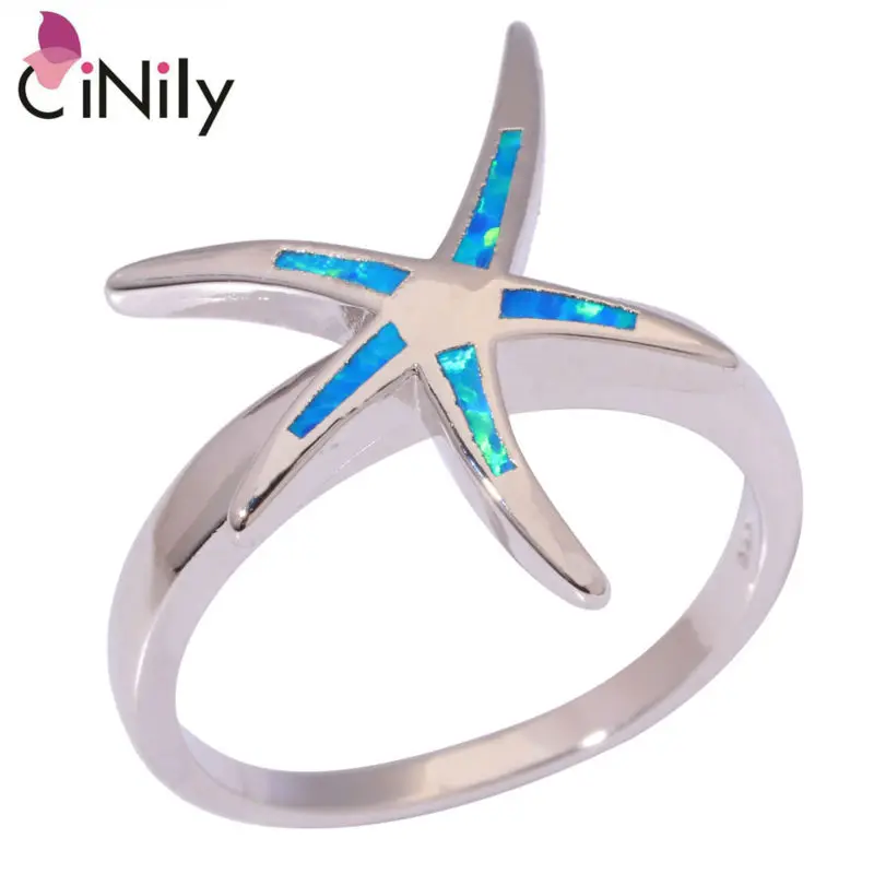 CiNily Created Blue Fire Opal Silver Plated Lovely Cute Starfish for Women Jewelry Party Ring Size 6 7 8 9 OJ9097