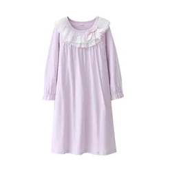Girls Princess Cotton Nightgowns Mother Daughter Long Sleeve Nightdress Knitted Pajamas Kids Bud Silk Sleepwear 4-20 Yer