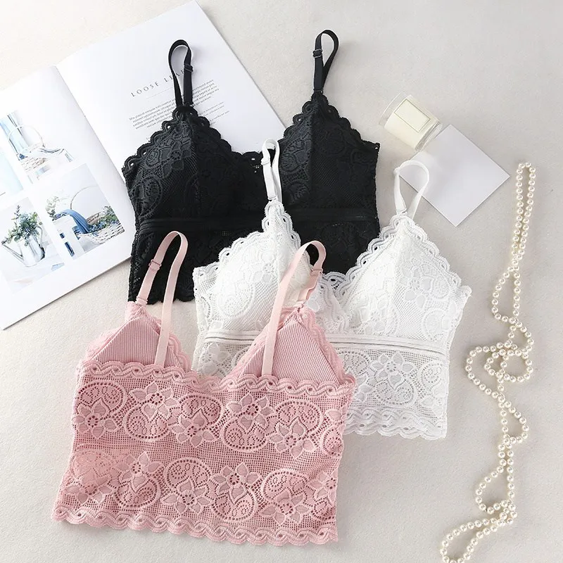 Women Fashion Wireless Bra Padded Bralette Deep V Lace Bras Summer Crop Top Embroidery Floral Tank Top