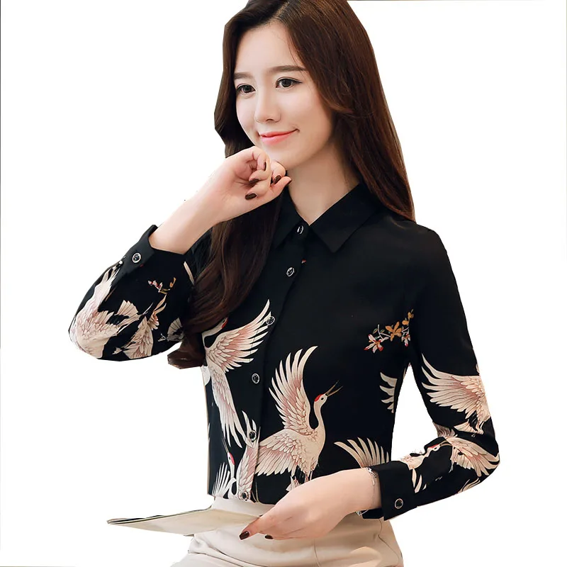 

Spring autumn elegant crane print chiffon shirt 2019 new arrival japan style vintage black long sleeve floral print blouse