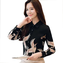 Spring autumn elegant crane print chiffon shirt 2019 new arrival japan style vintage black long sleeve floral print blouse