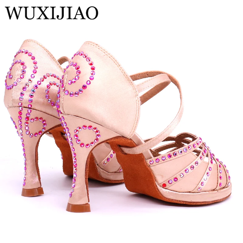 WUXIJIAO Latin dance shoes Red flash rhinestone shining Skin Black satin Women Salsa party Ballroom shoes Cuba 9cm heel