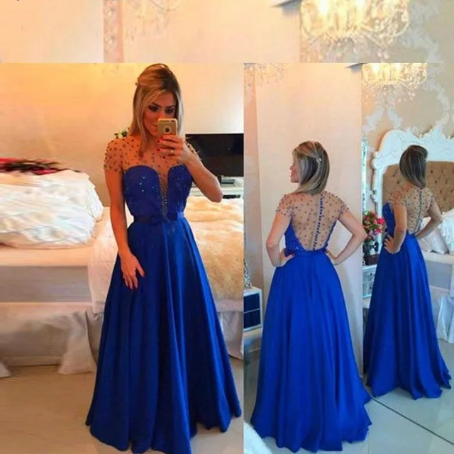 

New Fashion Short Sleeves Long Royal Blue Evening Dresses With Pearls For Women Stain Sheer Back Party Prom Gowns