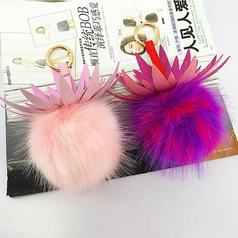 13cm Faux Rabbit Fur Pom Pom Pineapple Pendant Key Chain Gold Ring Women Bag Charms Bunny Fur Pompom Keychain Trinket Party Gift