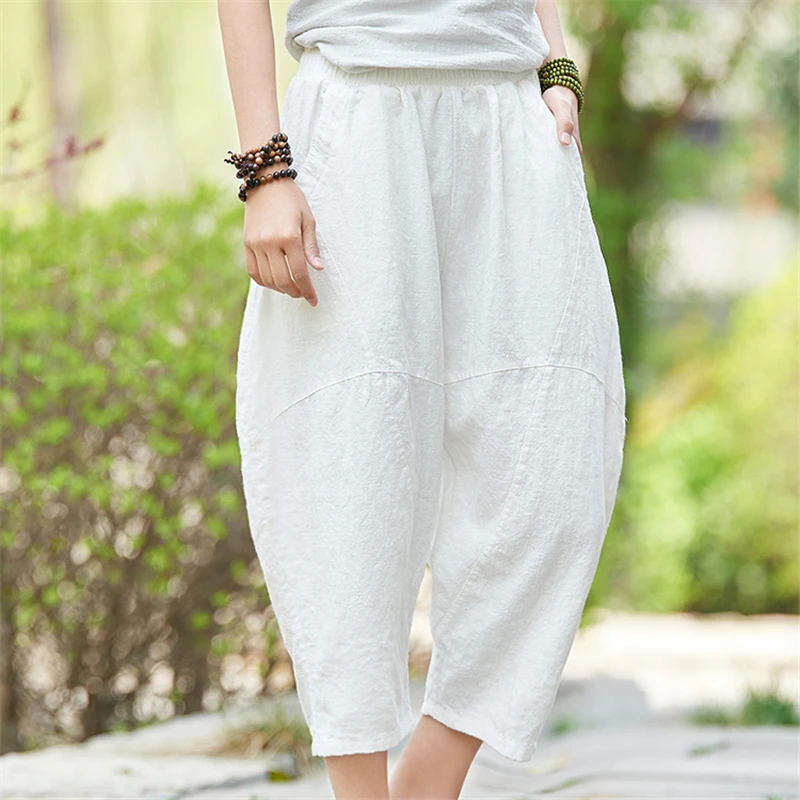 LZJN Loose Capri Pants for Women Summer Patchwork Linen Trousers Elastic Waist Ladies Bloomers Hippie Baggy Harem Pants