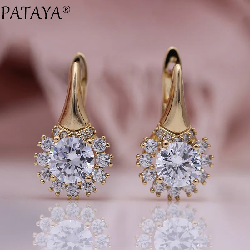 PATAYA New Round Dark Blue Wedding Dangle Earrings Women Cute Flower Fashion Jewelry 585 Rose Gold Color Natural Zircon Earrings