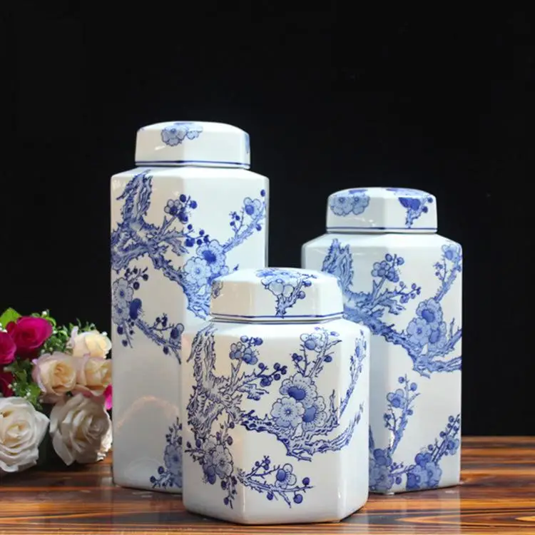 

Jingdezhen Ceramics jar Traditional Technology Six Square Plum Blossom Ceramic Storage jar pot Soft Decoration ceramic jar vase