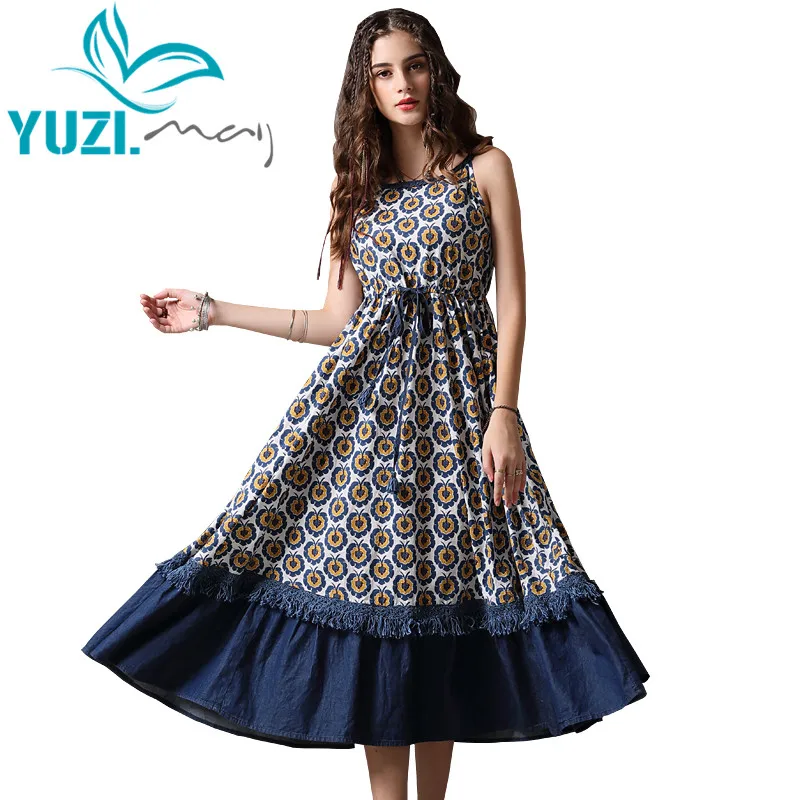 Summer Dress 2018 Yuzi.may Boho New Denim Vestidos Floral Print High Waist Sleeveless Swing Hem Layered  Women Dresses A82097