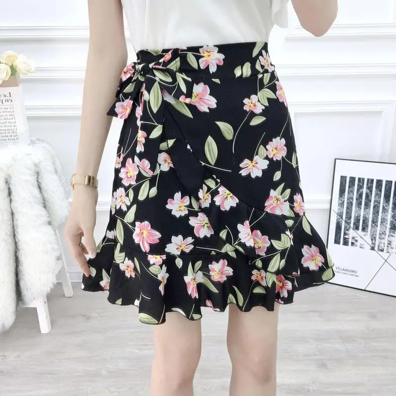 Zuolunouba Fashion Floral Asymmetrical Lace-up Women Skirt Above Knee Daisy Print Harajuku Casual Mini Skirts Female