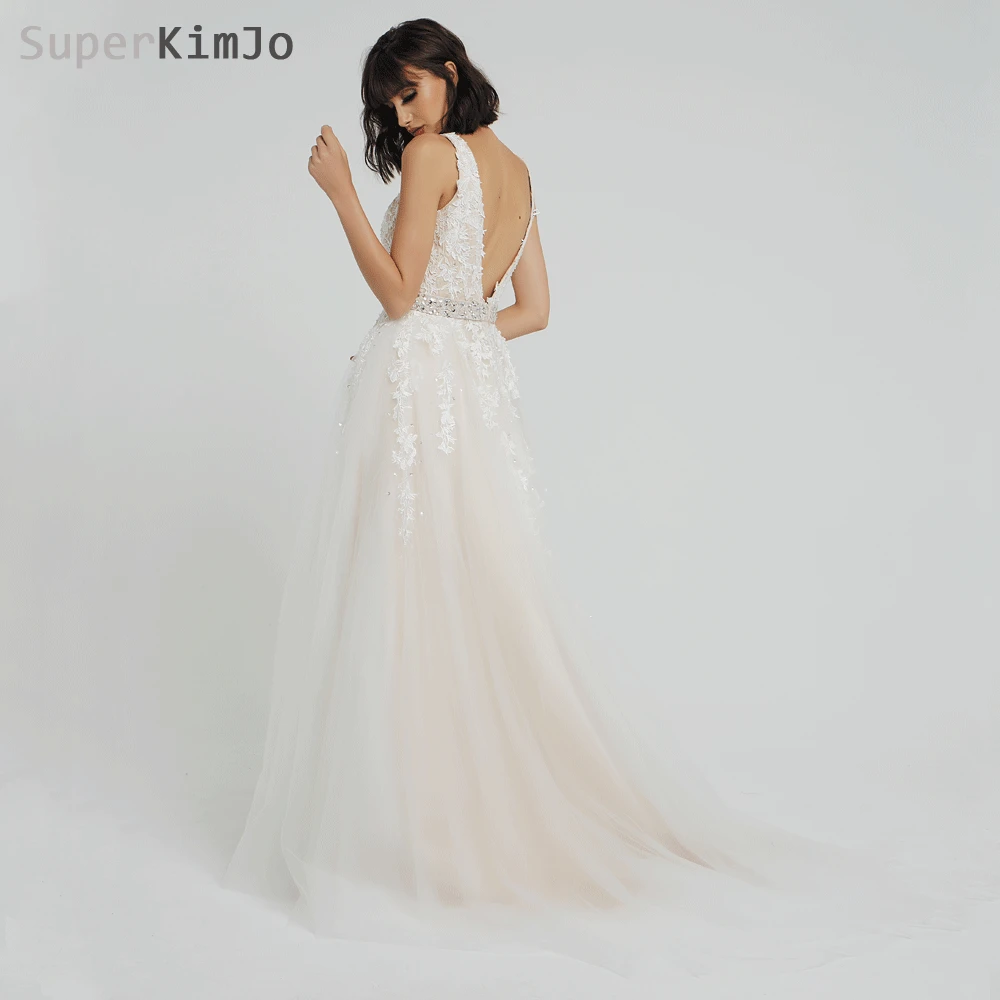 Superkimjo 2019 Manik-manik Gaun Prom Gaun Vestido De Festa Renda Bordiran V Leher Champagne Prom Gaun Vestido De Baile