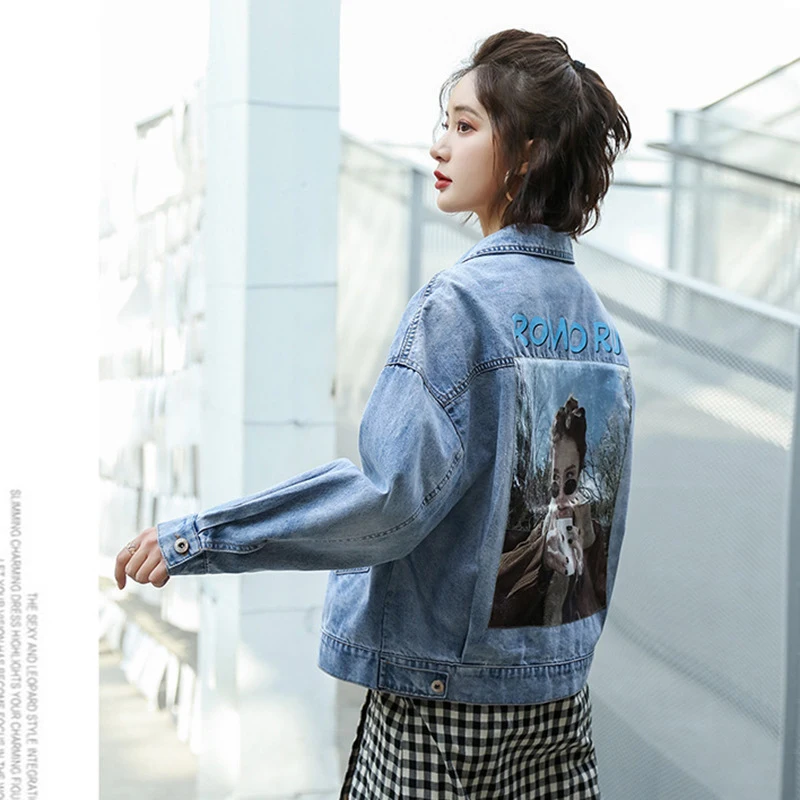 Basic Bomber Denim Jas Vrouwen Retro Print Lange Mouwen Jean Jas Vrouwen 2019 Herfst Toevallige Losse Blauwe Jas Vrouwelijke