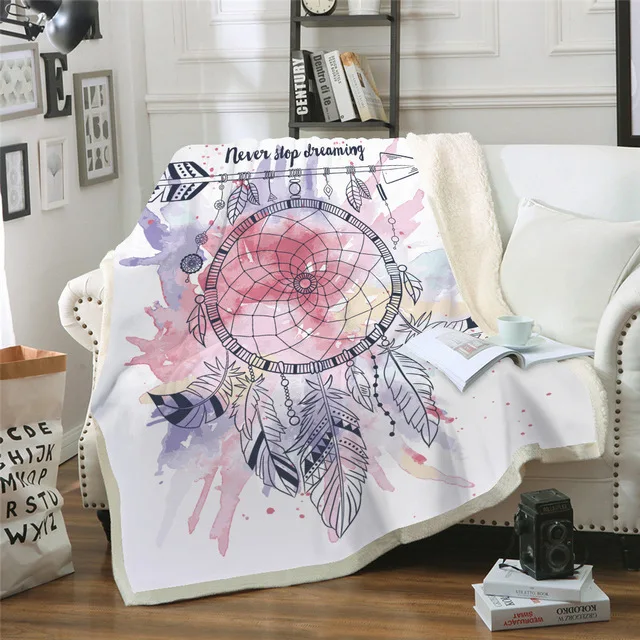 Velvet Plush Throw Blanket Hipster Watercolor Sherpa Blanket for Couch Dreamcatcher Feathers Printed Soft Throw