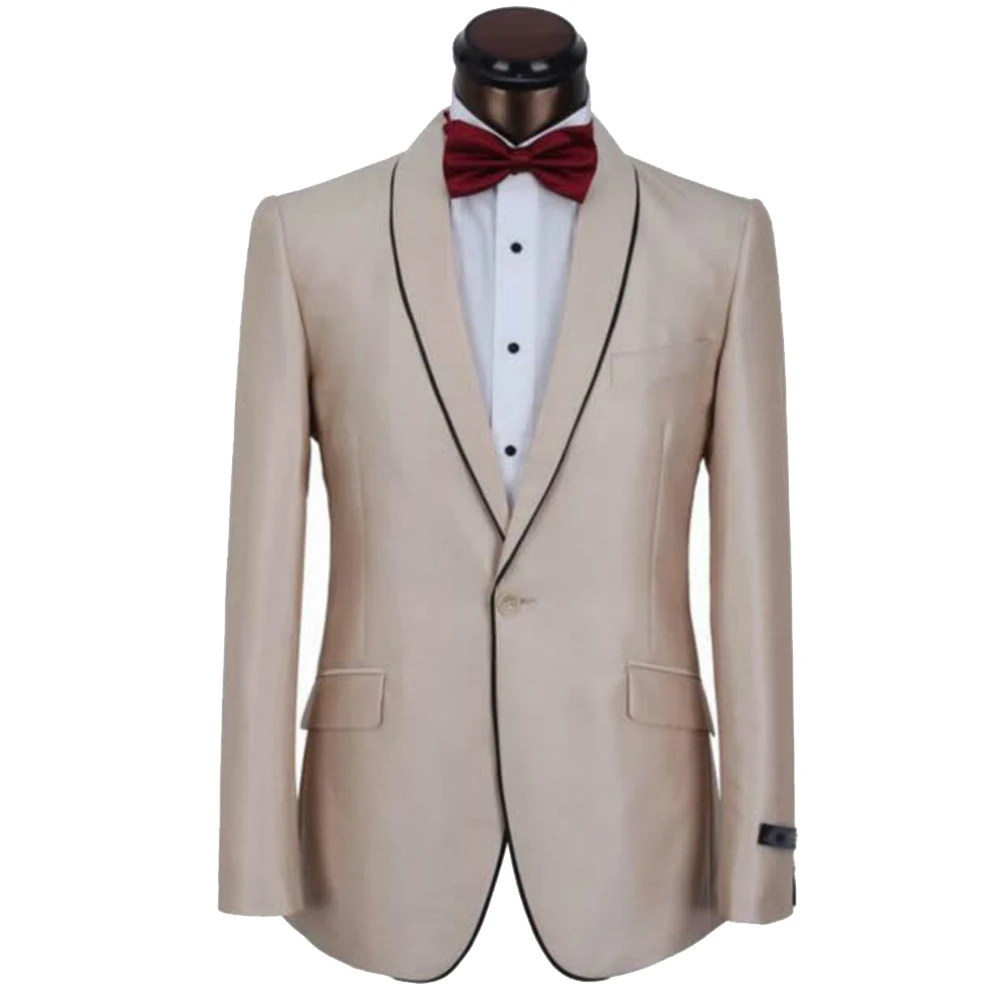 Custom MADE TO MEASURE men suit,BESPOKE Champagne suits one button shawl lapel with black edge(jacket+pants+tie+pocket squaure)