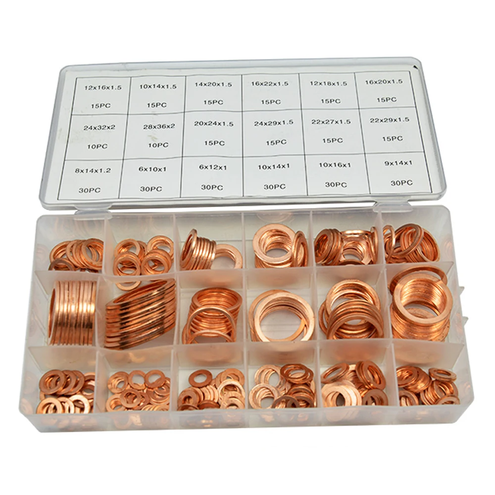 350pcs 18 Sizes Metric Copper Flat Ring Washer Gaskets Assortment Set Kit