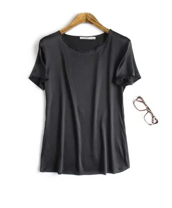 2022 pure color  silk crepe satin show thin circular collar head loose joker female silk t-shirts with short sleeves black 2