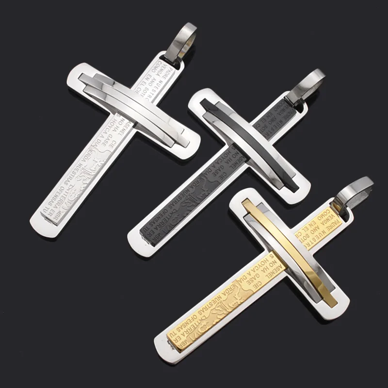 ATGO Mens Crucifix Cross Trendy 316L Stainless Steel Pendant Jesus Scripture Link Chain Necklace Men Jewelry Cross BP696