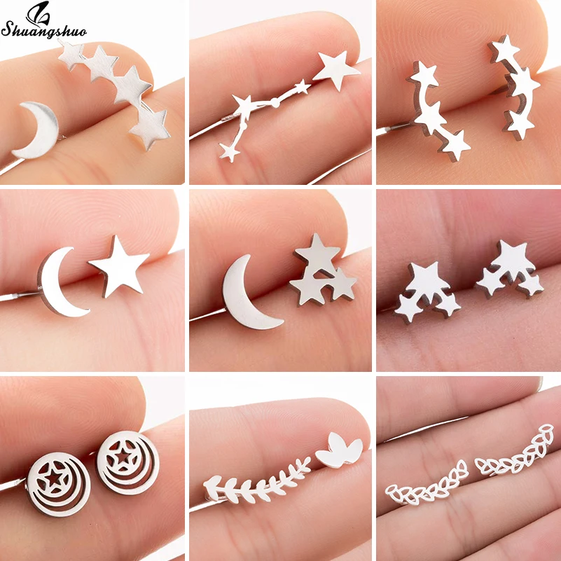 Shuangshuo Fashion Ster Maan Oorbellen Oor Klimmer Tiny Leaf Stud Oorbellen Voor Vrouwen Oor Crawlers Rvs Pendientes Gift