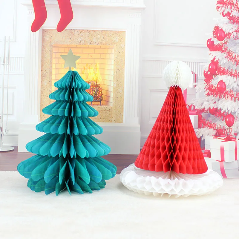 100pcs Christmas Tree Hat Snowman Paper Honeycomb Ball Party DIY Decorations Xmas Pendant Drop Ornaments Supplies ZA4895