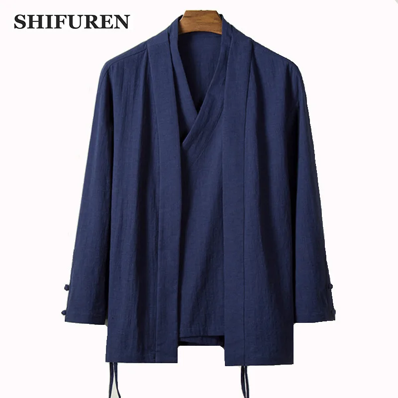 

SHIFUREN Retro Chinese Traditional Men Cotton Linen Shirts Loose Male Social Shirts Soft Breathable Blouse Clothing Stand Collar