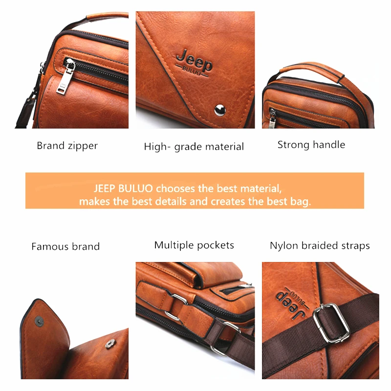 JEEP BULUO Men\'s Messenger Bag Famous Brand Men Shoulder Bags Leather Crossbody Tote For iPad Men Fashion Business New Handbag