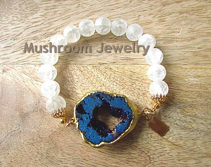 Blue druzy bracelet with frosted Ice Flake Quartz beads druzy stretch Bracelet