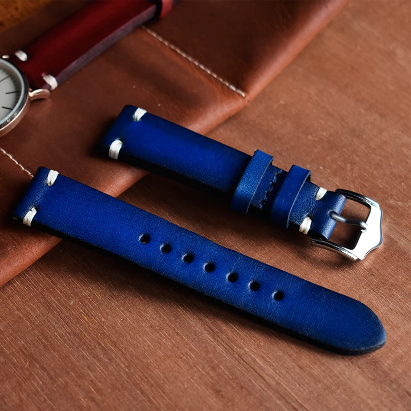 ONTHELEVEL Handmade Vintage Watchband Genuine Leather Watch Strap Red/Black/Blue Replacement Band Buckle 20mm