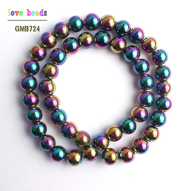 2/3/4/6/8/10mm Natural Stone Rainbow Plated Hematite Round Loose Spacer Beads For Jewelry Making DIY Bracelets Necklace 15\'\'