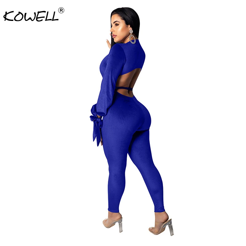 2019 Pleuche v profundo neck backless jumpsuit Mulheres inverno manga longa de cintura alta macacão Elegante macacão macacões sexy primavera