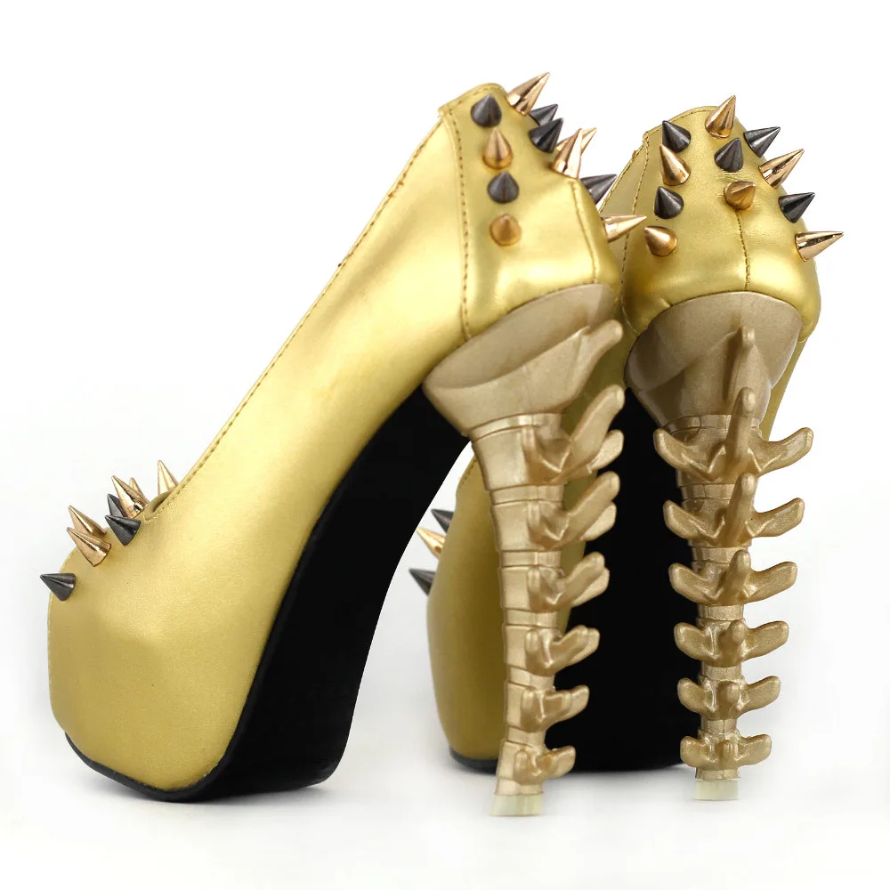 LF80627 Punk Black/Gold Spike Peeptoe Platform Bone Heels Club Pumps