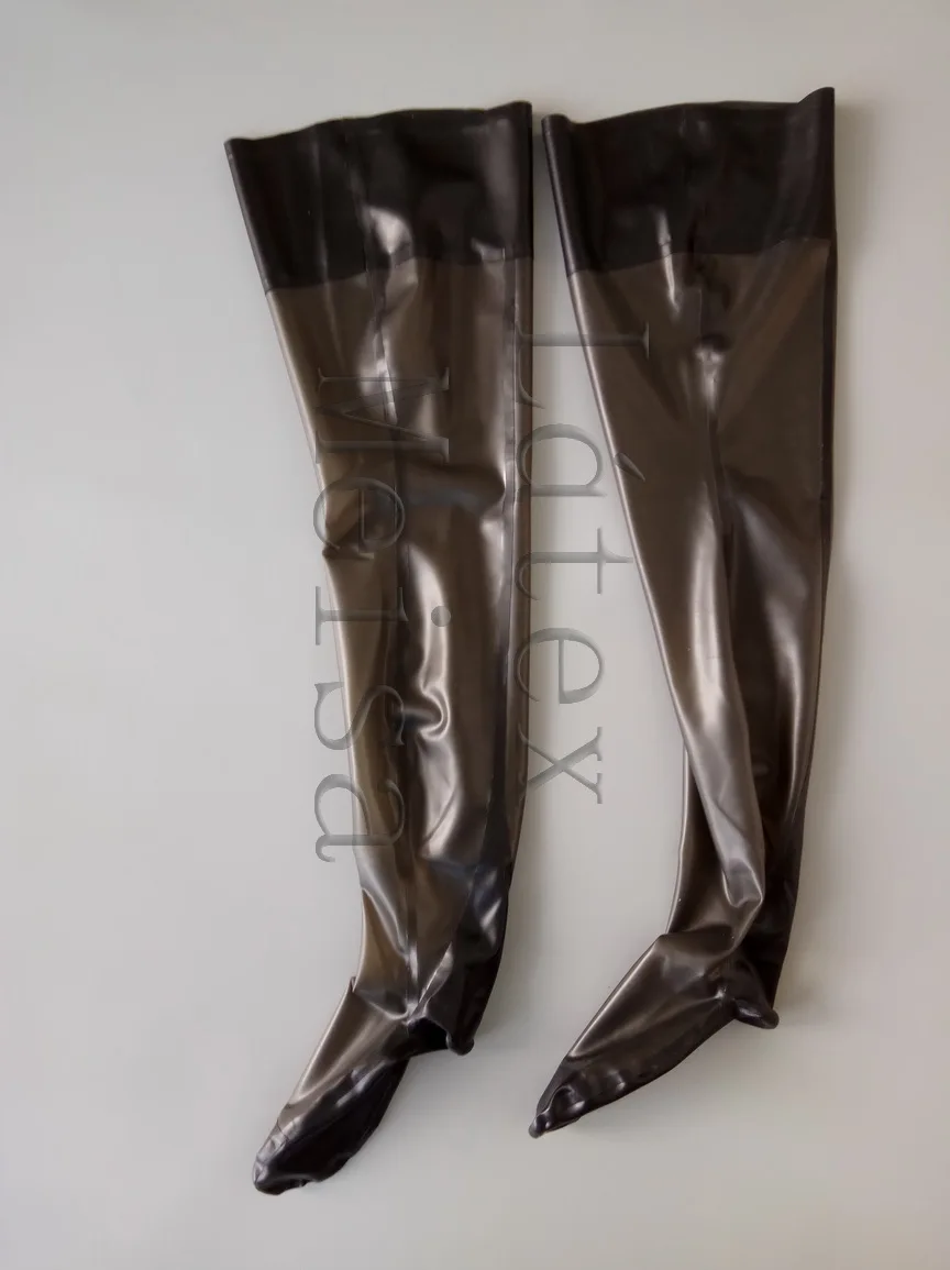 

Transparent black 100% natural rubber tight stockings decorative with black trims on top for ladies