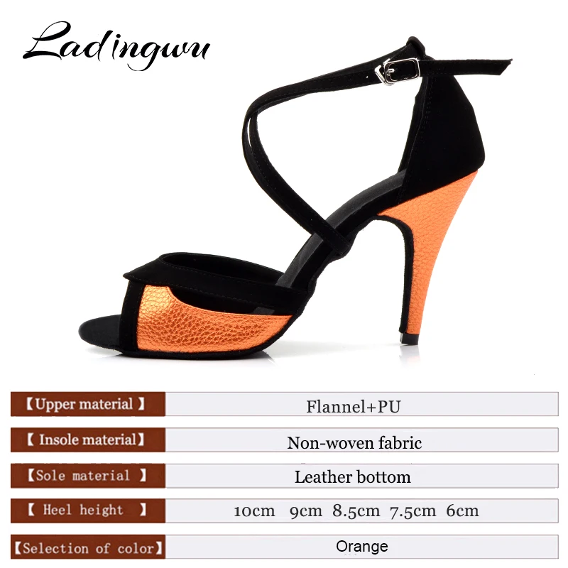 Ladingwu Salsa Dance Shoes For Women Black Flannel and Orange PU Latin Dance Shoes Women's Ballroom Dance Sandals Heel 10cm