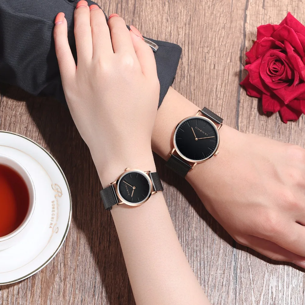 CHENXI, relojes para amantes de oro rosa a la moda, reloj de cuarzo ultrafino resistente al agua para hombre, reloj elegante de marca de lujo para mujer, reloj para mujer