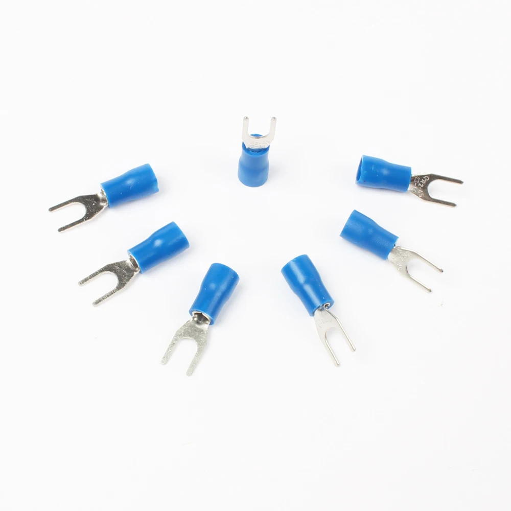 SV2-4 Blue Furcate Cable Wire Connector 100PCS/Pack Furcate Pre-Insulating Fork Spade 16~14AWG Wire Crimp Terminals SV2.5-4 SV