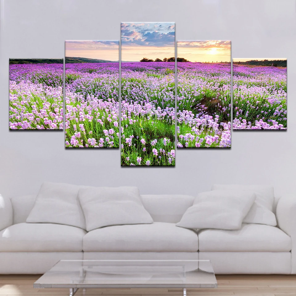 Popular Provence Lavender Fields 5 Panels HD Print Wall Art modern Modular Poster art Canvas painting for Living Room Home Decor