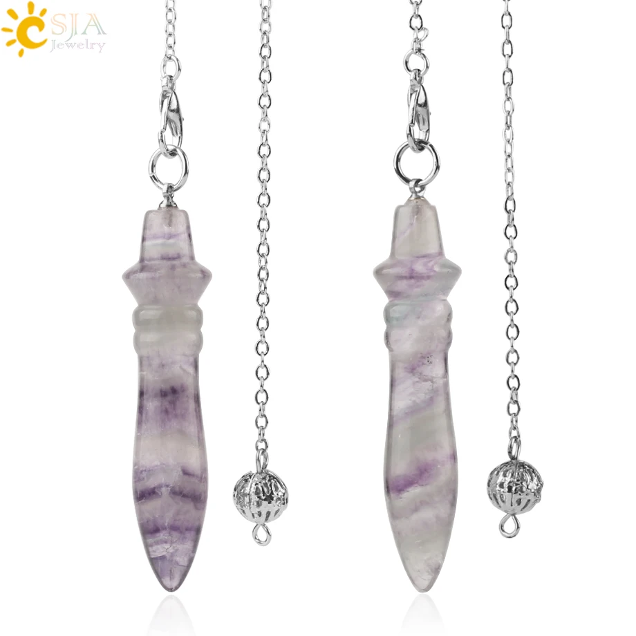 CSJA Natural Stone Fluorite Pendulum Cone Pendant Indian Dowsing Hypnosis Amulet Healing Reiki Energy Jewelry for Women Men G152