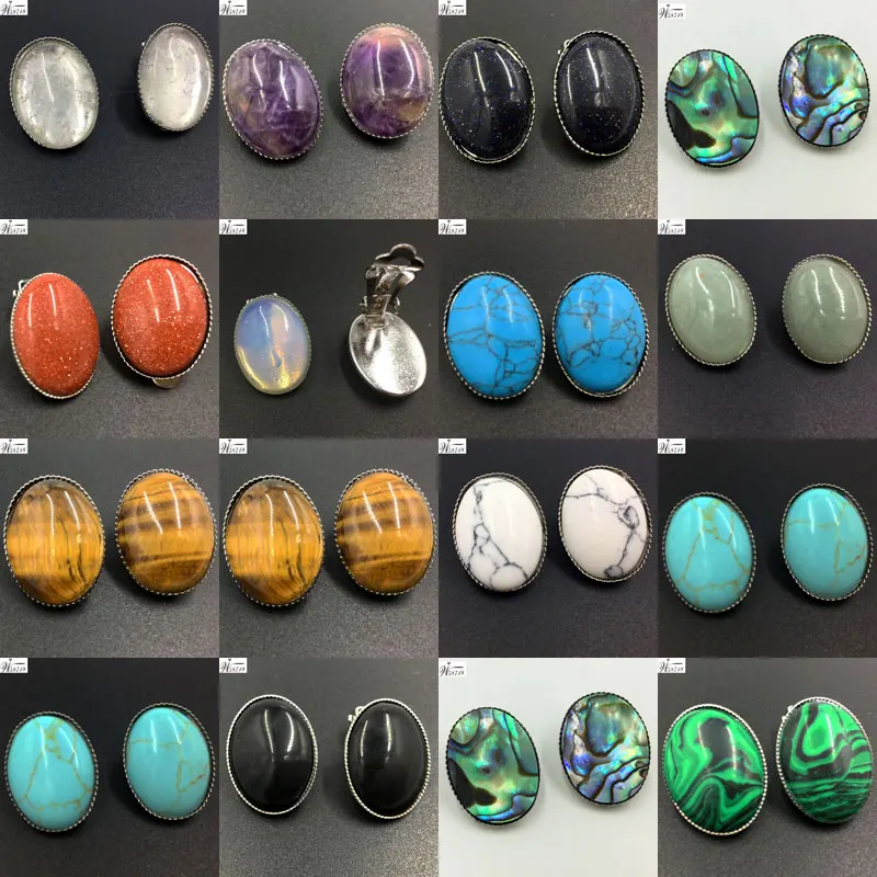 Opal Crysal Howlite Malachite Aventurine Tiger Eye Howlite Blue Sand Goldstone Abalone Shell Oval Clip Earrings 1pair WB658b
