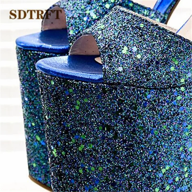 SDTRFT Sequins shoes woman Plus:34-42 43 Summer ladies platforms Pumps Sexy 20cm thin Heels Narrow Band dress Sandals US14 15 16