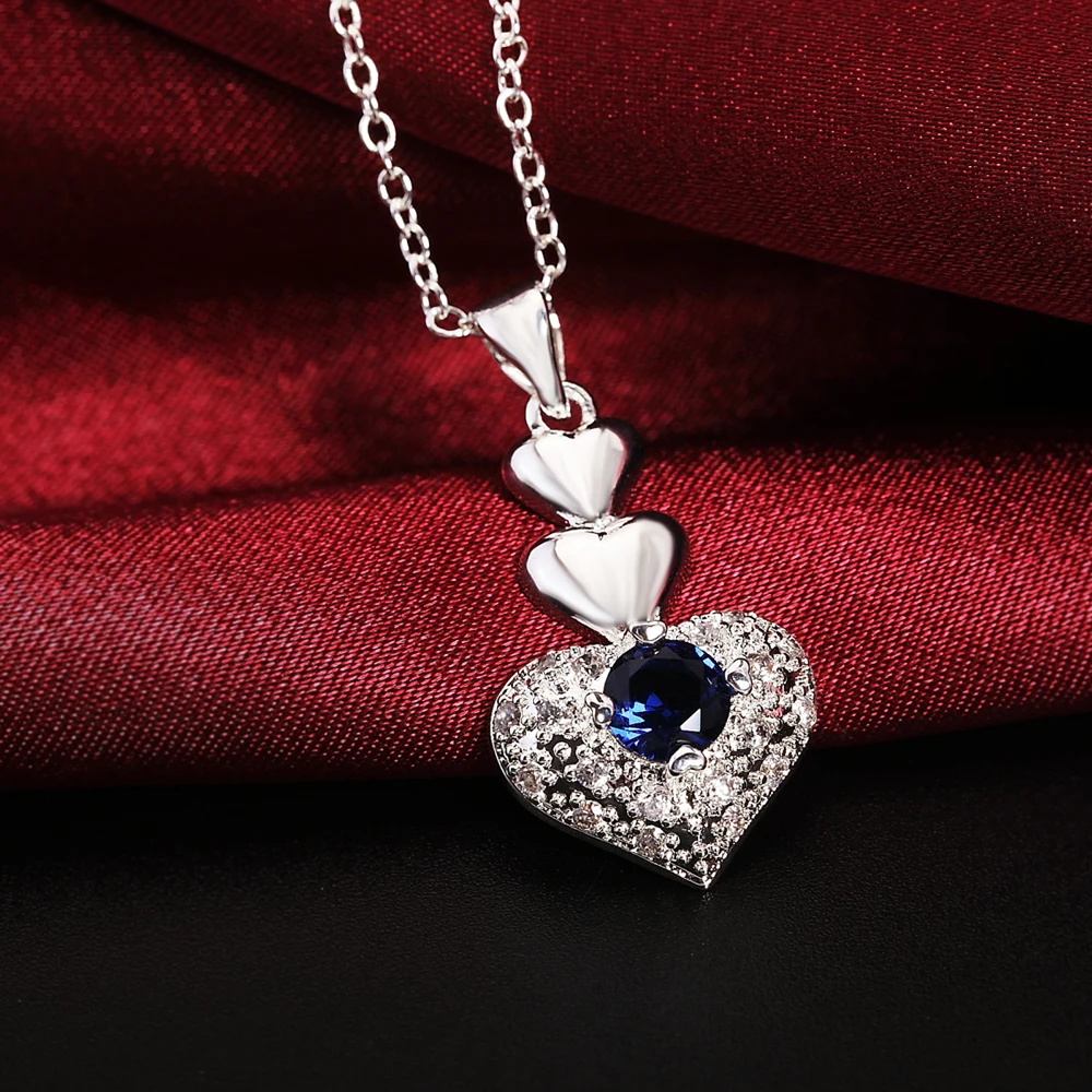 925 Crystal CZ stone Zircon silver jewelry fashion cute Pretty Heart Necklace Earring women wedding lady set TOP quality S772